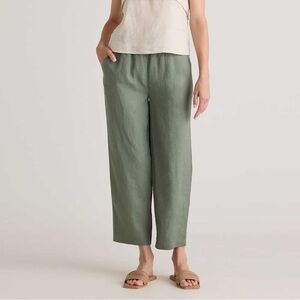 NWOT Quince Light Cargo Green 100% European Linen Trousers Elastic Waist Sz L